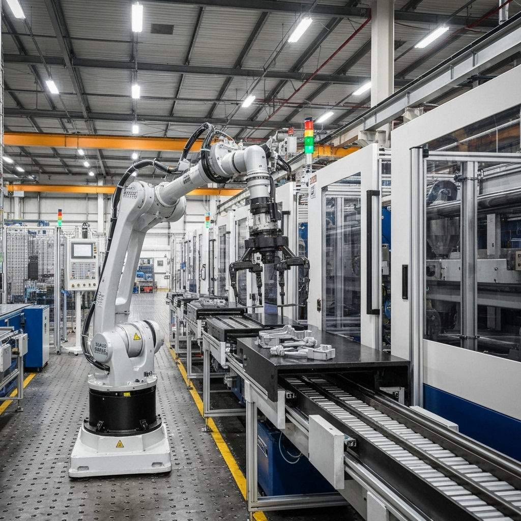 Close-up view of advanced plastic injection molding machine in operation with precision components