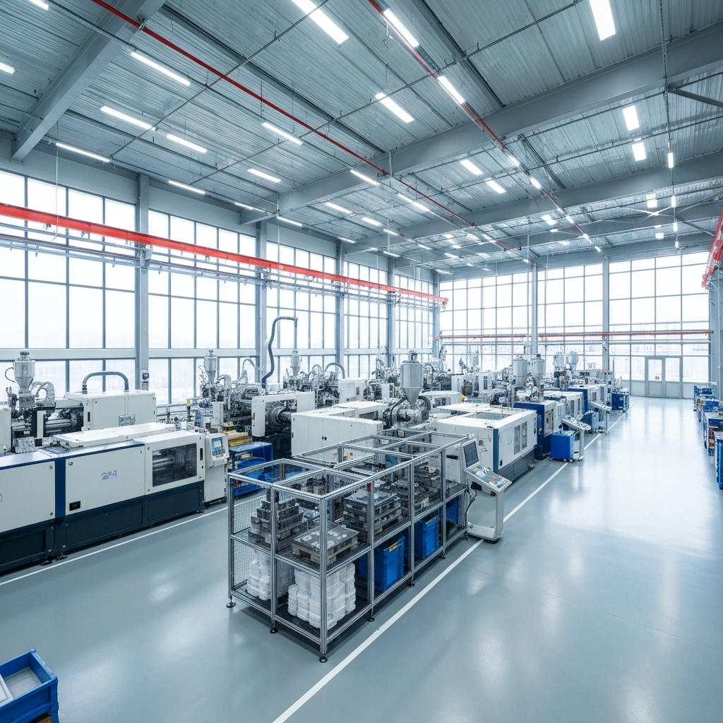 Modern plastic manufacturing facility floor with injection molding machines